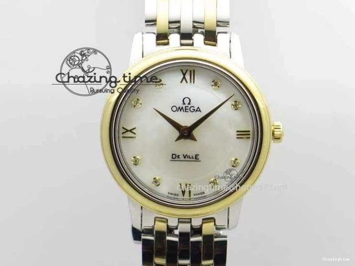 0503 OnTrend De Ville 27mm SS YG Ladies MK 1:1 Best Edition White MOP Dial Diamond Markers On SS Bracelet Ronda Quartz 8187